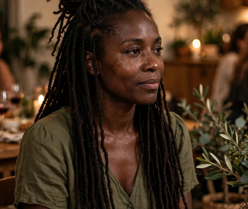 Black woman with long faux locs in a half-up top knot at a dinner party