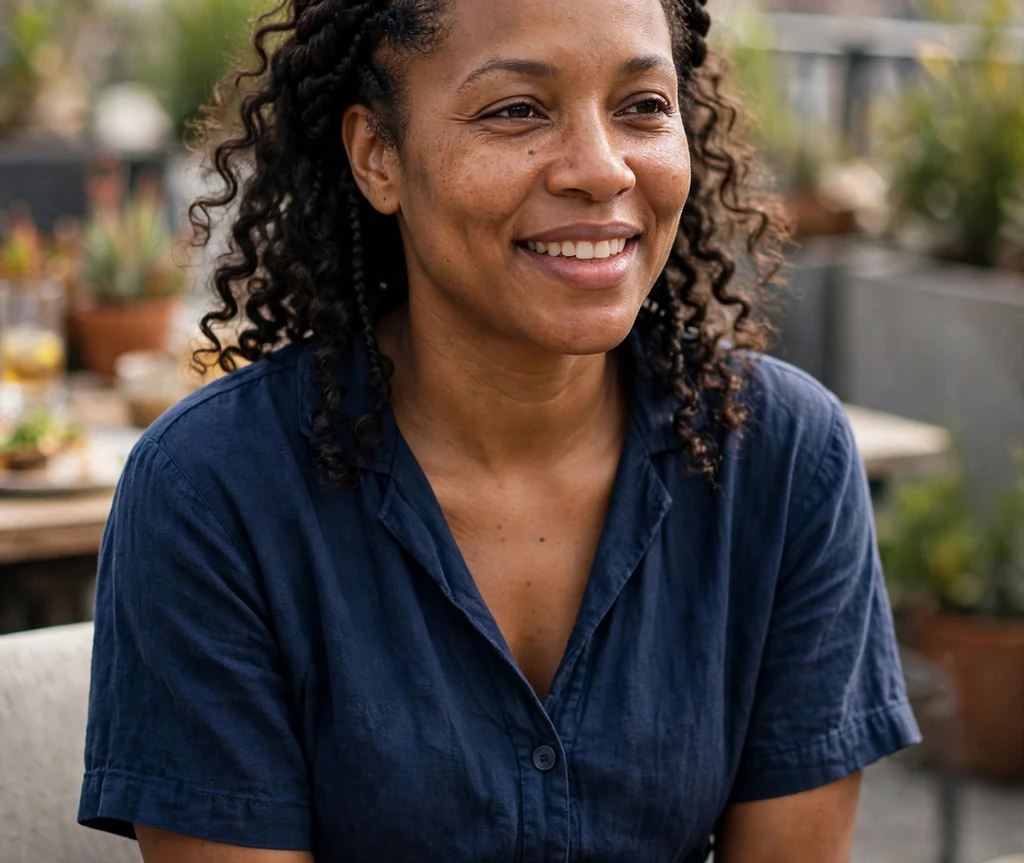 Black woman with a feed-in braid crown and curly ends at a rooftop brunch