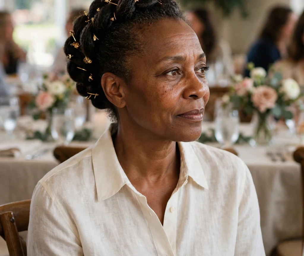 Black woman with an elegant twisted updo and gold hair pins at a charity luncheon