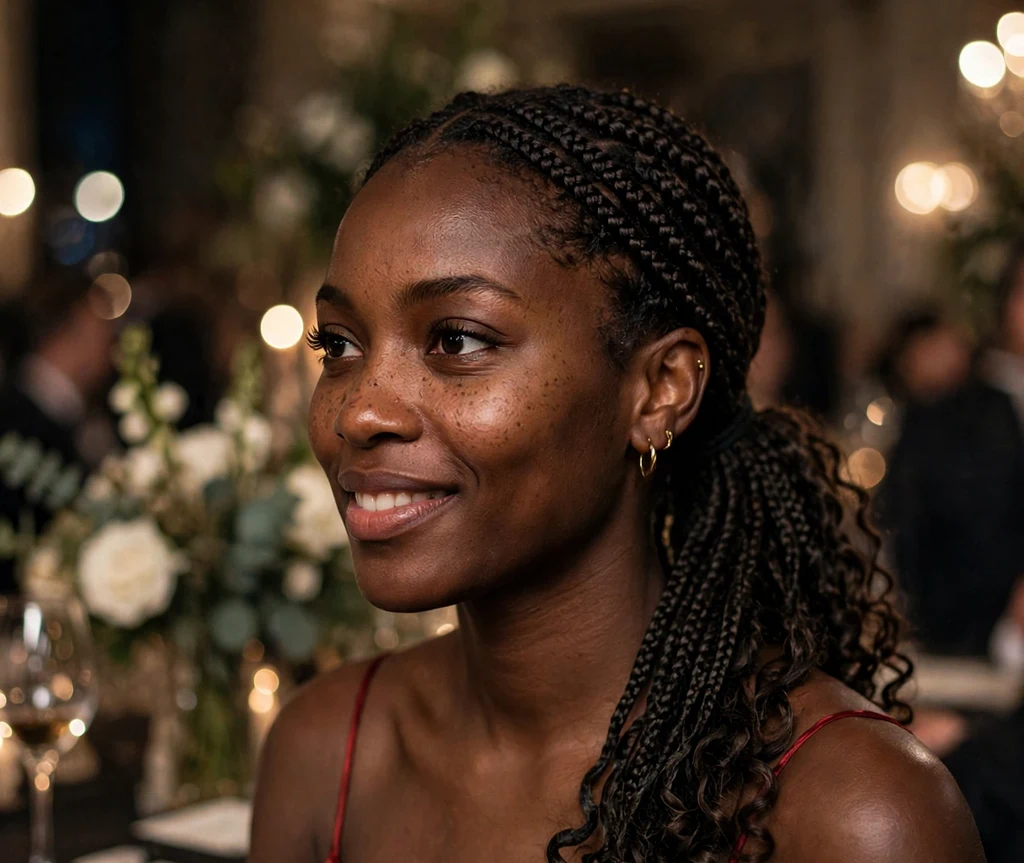 Black woman with long box braids with curly ends in a side ponytail in a red dress at a gala