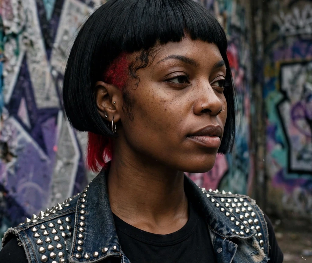 Black bob revealing a crimson-red undercut nape