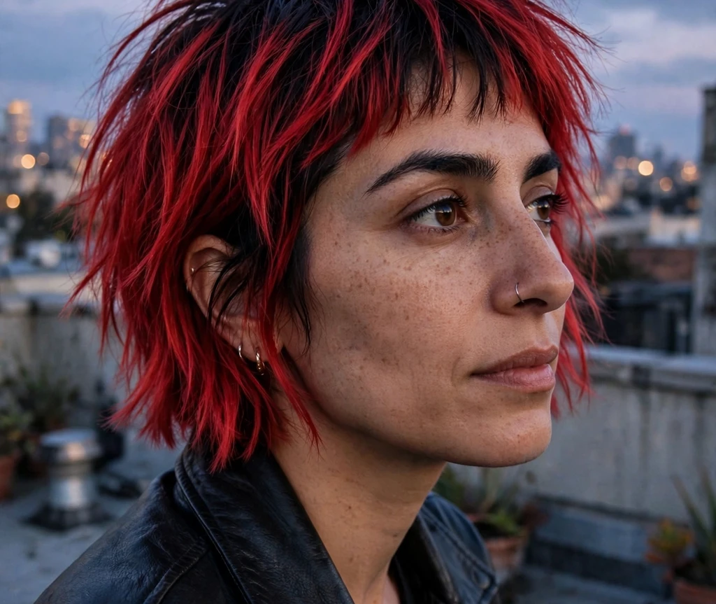 Layered bob with neon-green streaks