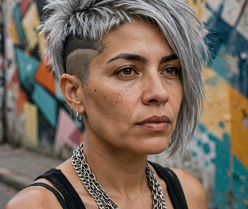 Silver-gray bob with one side buzzed