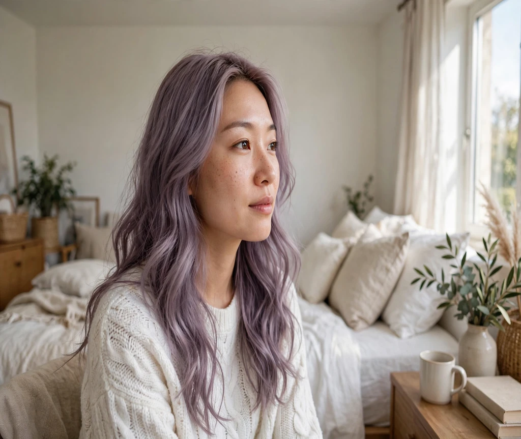 Woman with long soft lavender wavy hair in a bright bedroom
