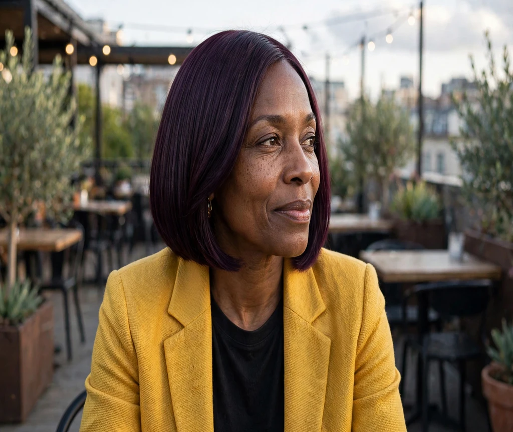 Woman with a deep plum sleek bob at a rooftop cafe