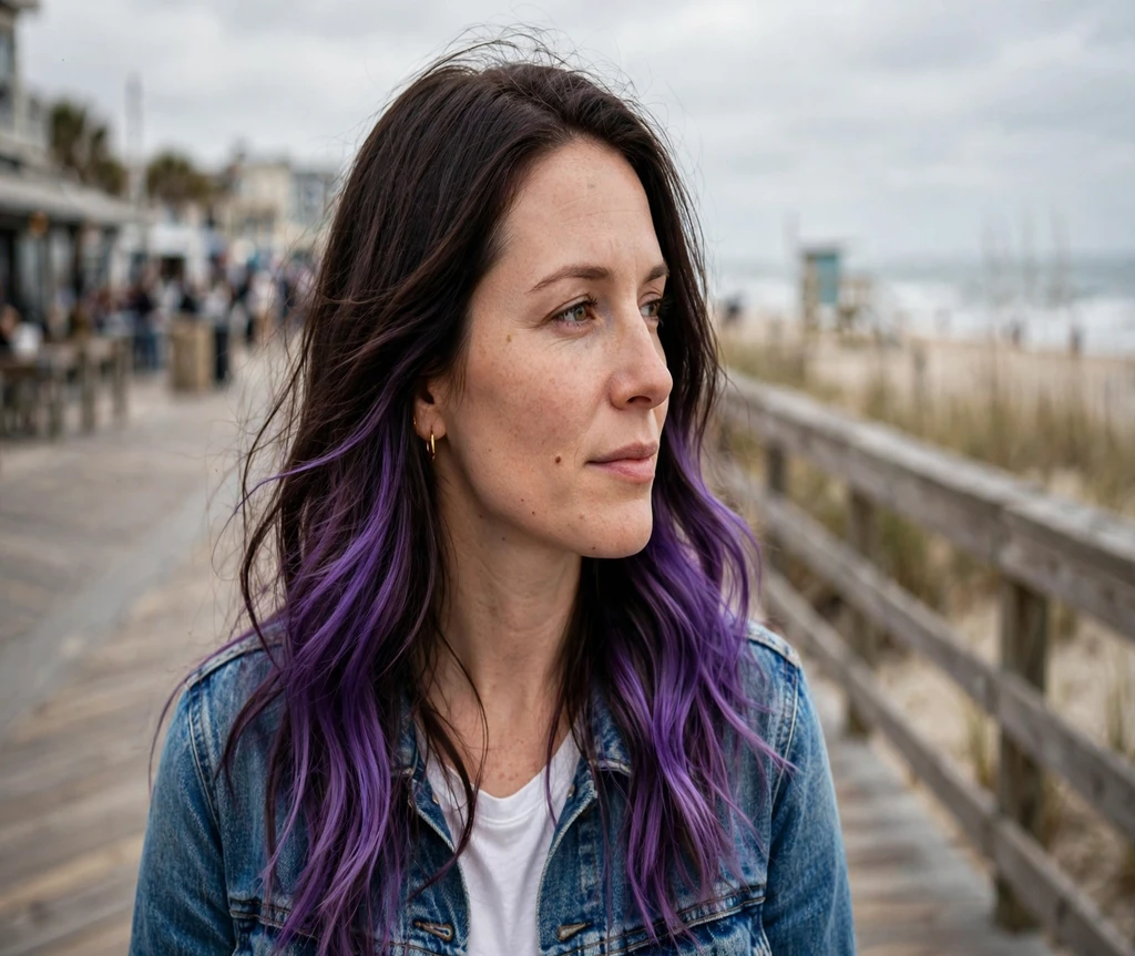 Woman with long dark hair and a violet balayage melt on a beach boardwalk