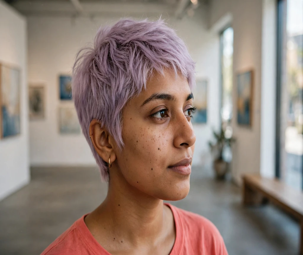 Woman with a pastel lilac pixie cut in an art gallery