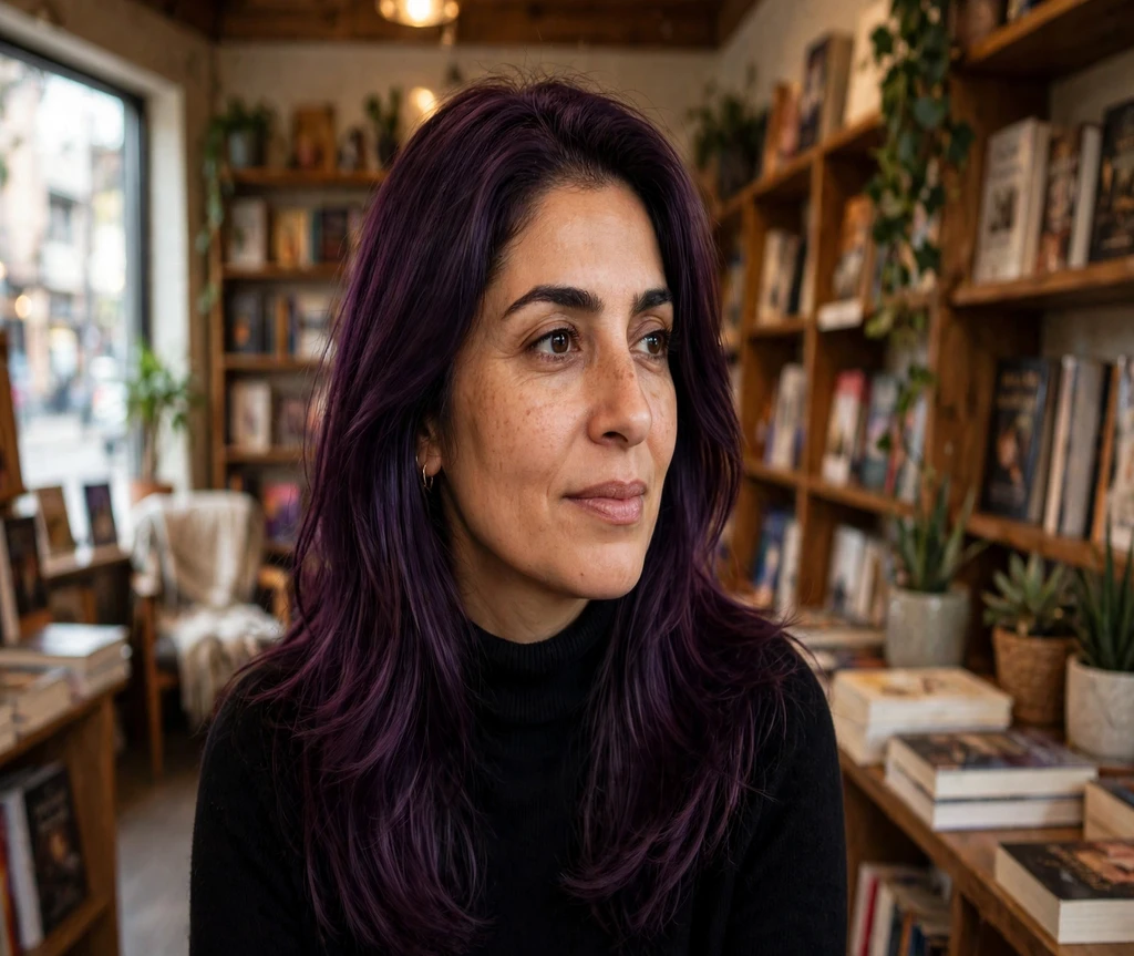 Woman with rich eggplant purple long layers in a bookstore