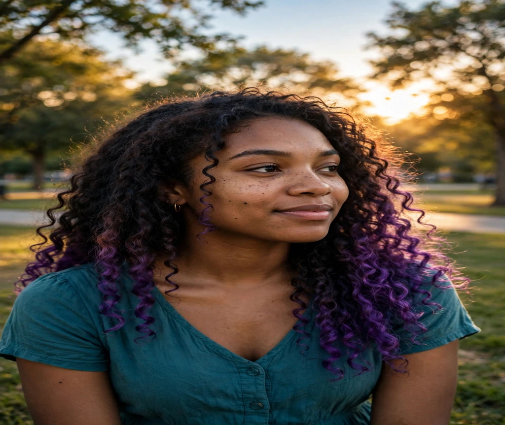 Woman with dark roots fading to purple ombre on long curls in a park