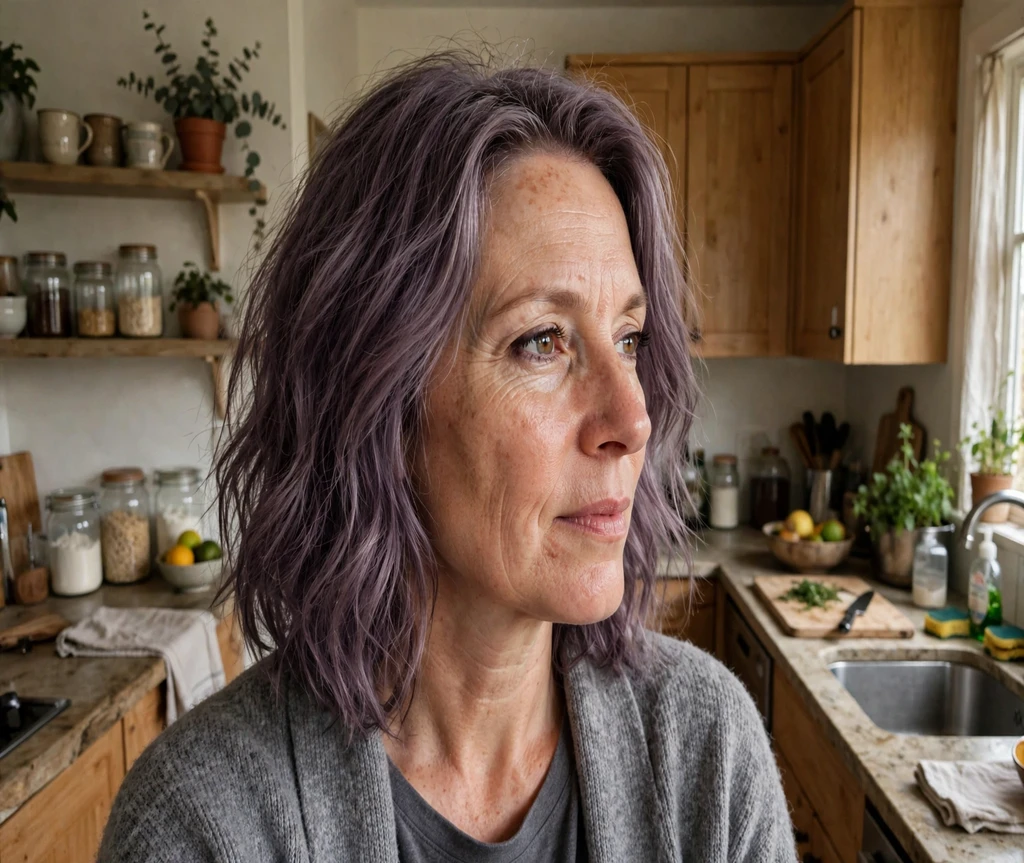 Woman with smoky amethyst shoulder length locks in a kitchen
