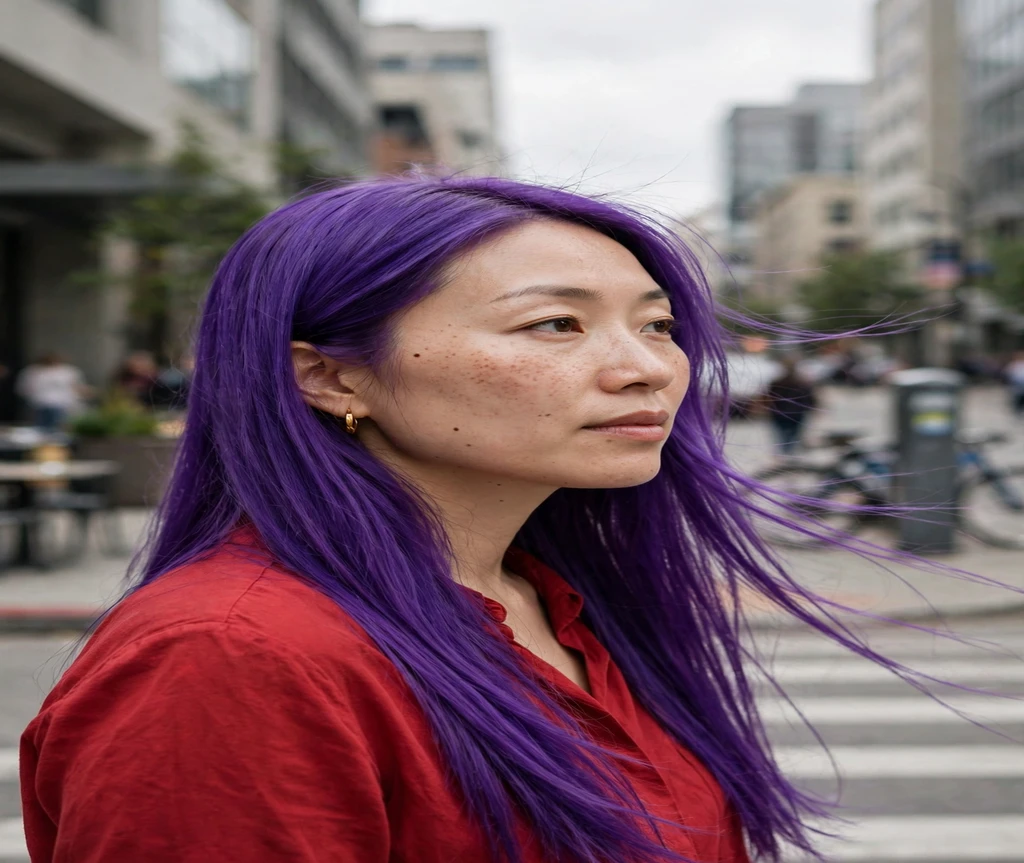 Woman with vibrant violet long straight hair on a downtown street