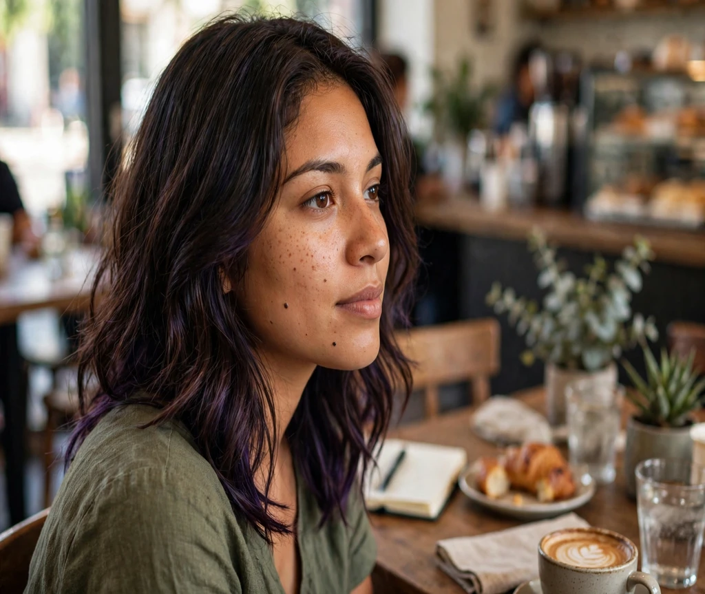 Woman with dark brown hair and dark purple peekaboo highlights in a coffee shop