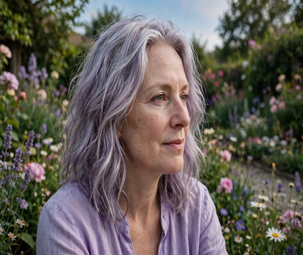 Woman with lilac silver blended shoulder length hair in a flower garden