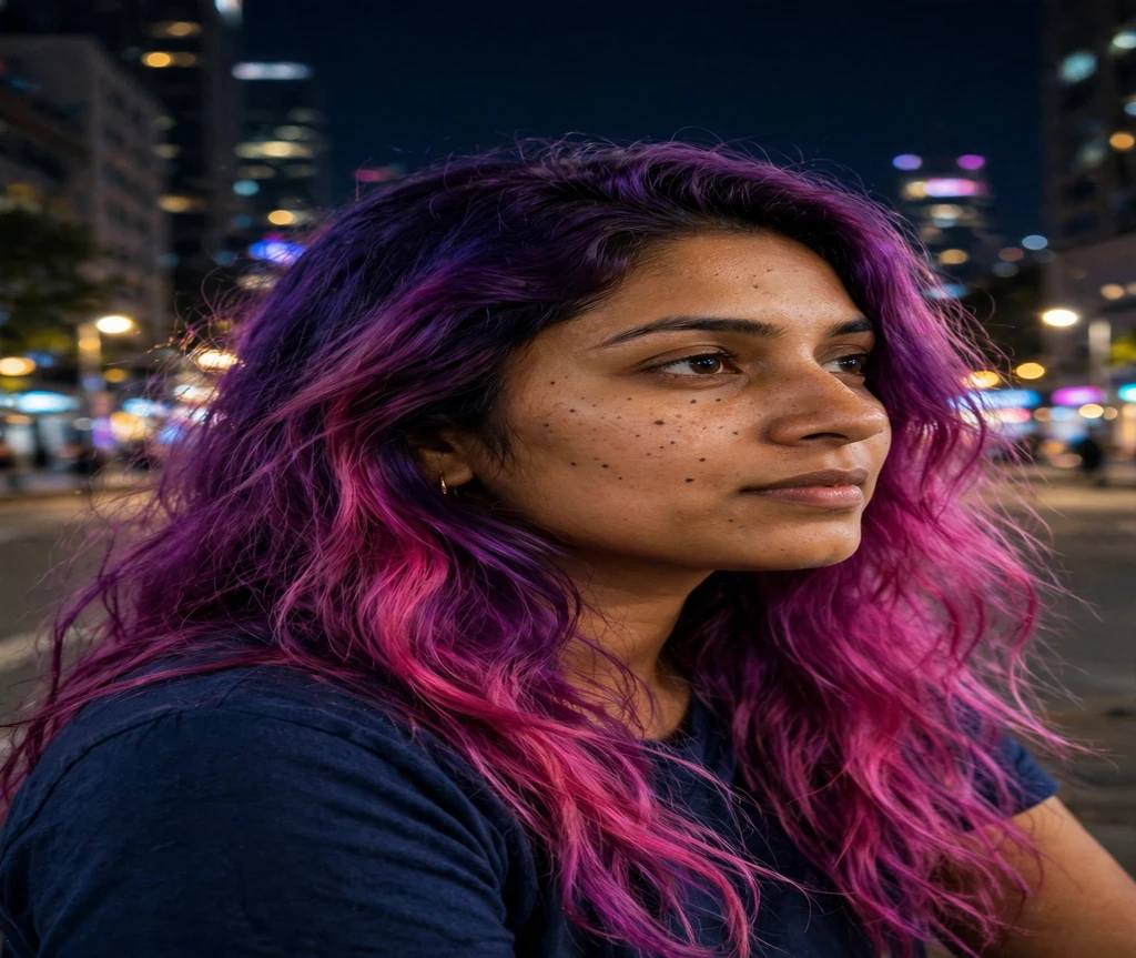 Woman with magenta purple color melt long hair in night city lights