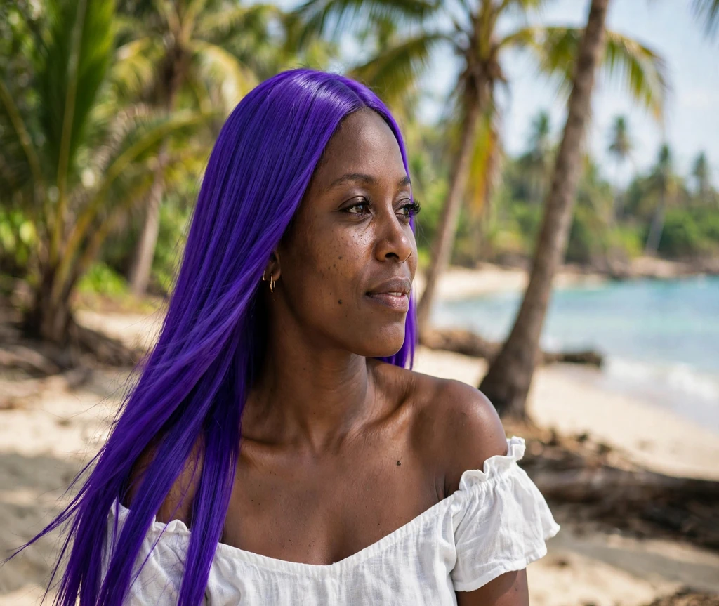 Woman with ultra violet long straight hair on a tropical beach