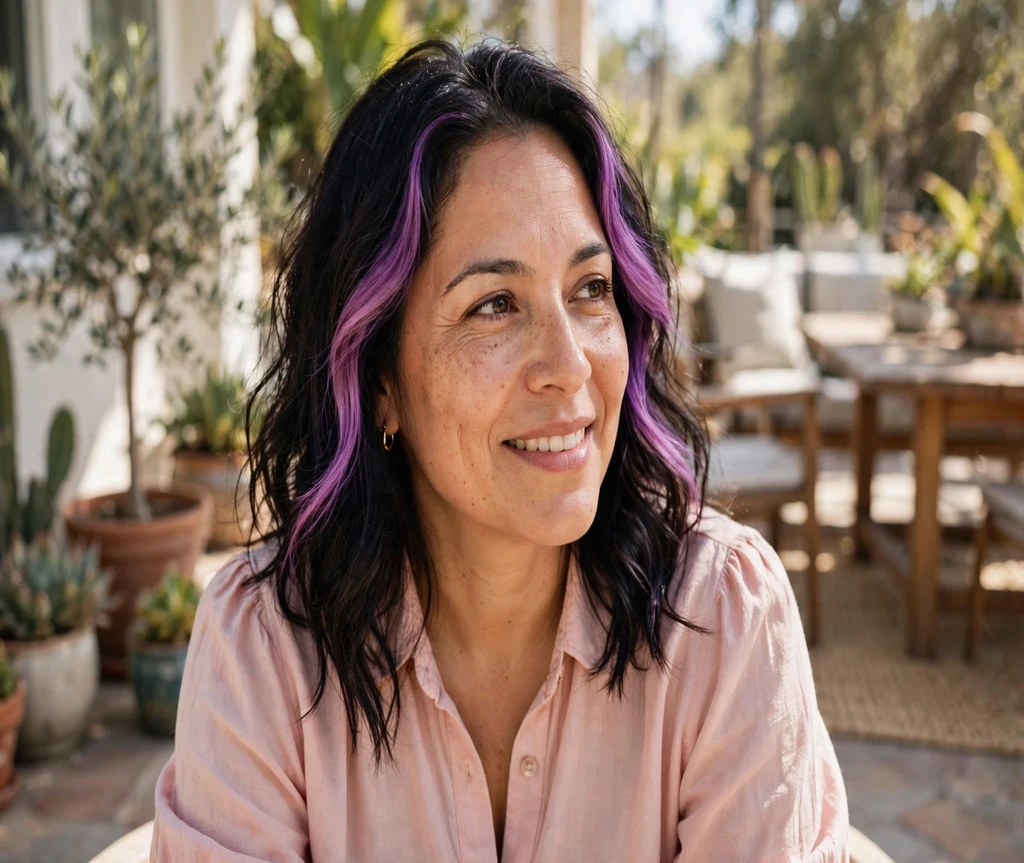 Woman with dark hair and purple money piece highlights on a sunny patio
