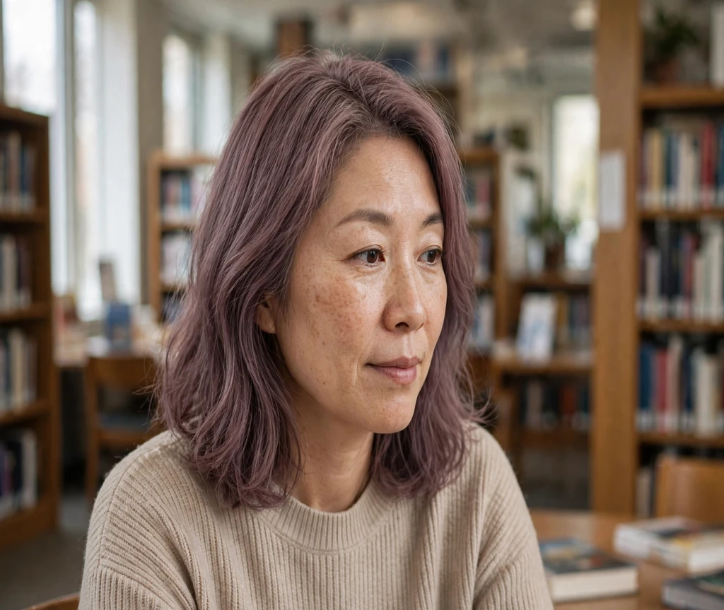 Woman with a dusty mauve shoulder length cut in a library