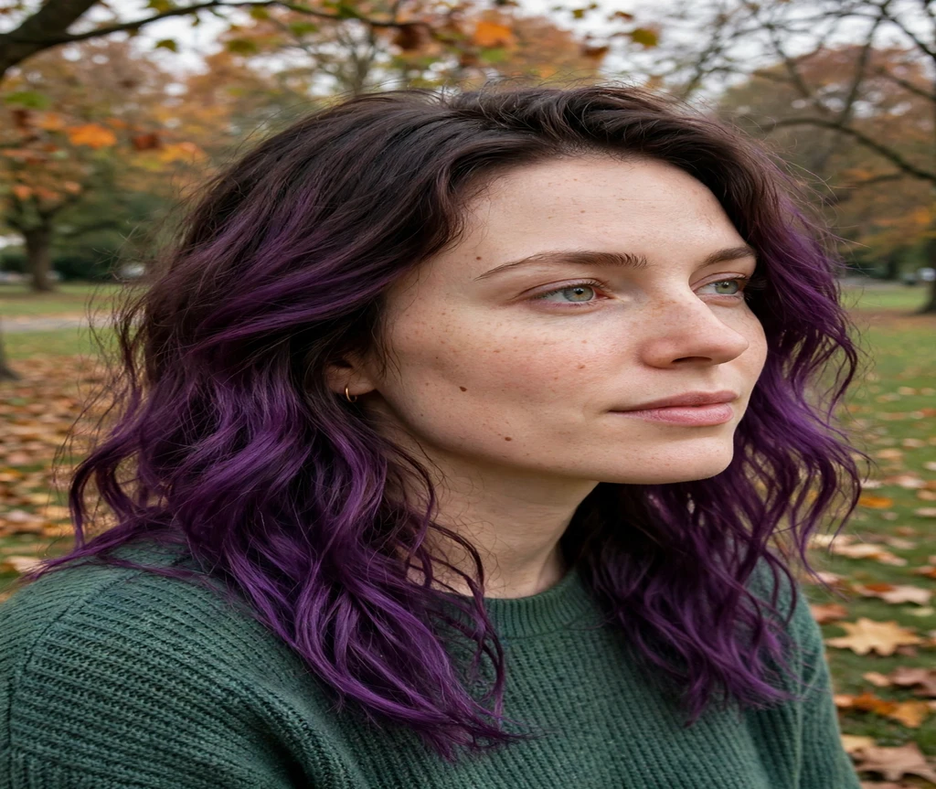Woman with a plum root melt and dark roots in an autumn park