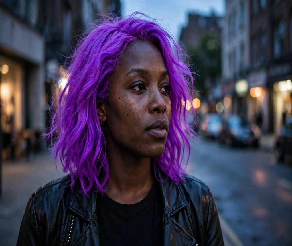 Woman with neon purple shoulder length bold hair on a city street at dusk
