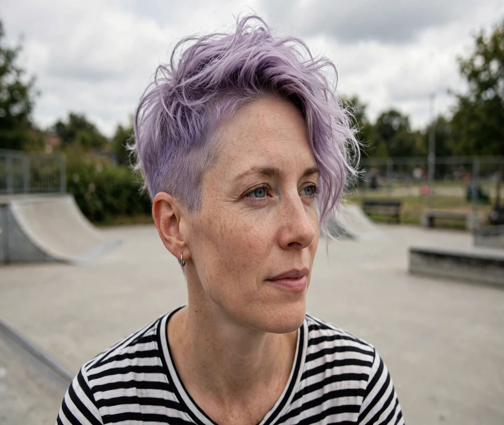Woman with a lavender undercut in a skate park