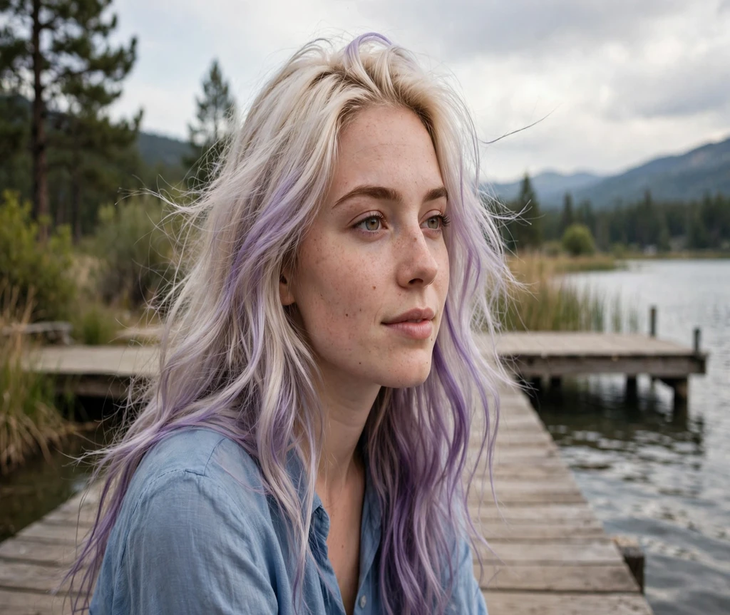 Woman with purple toned blonde long hair on a lake pier