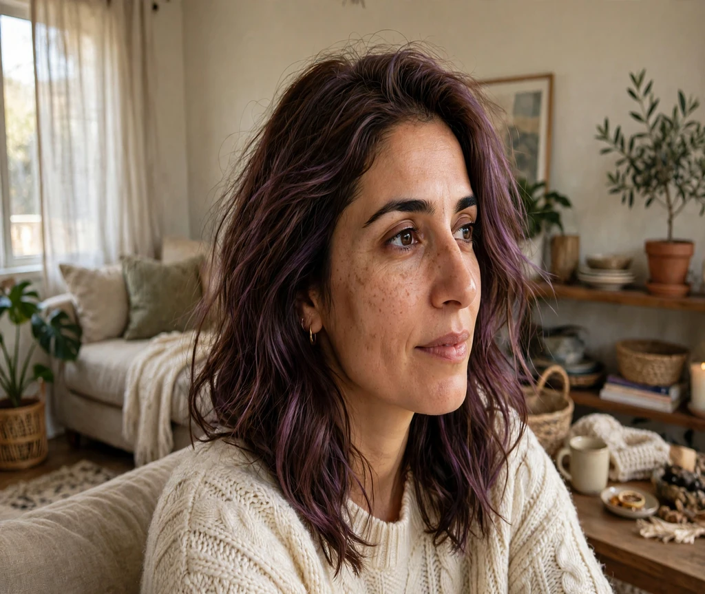 Woman with brown hair and purple highlights in a living room