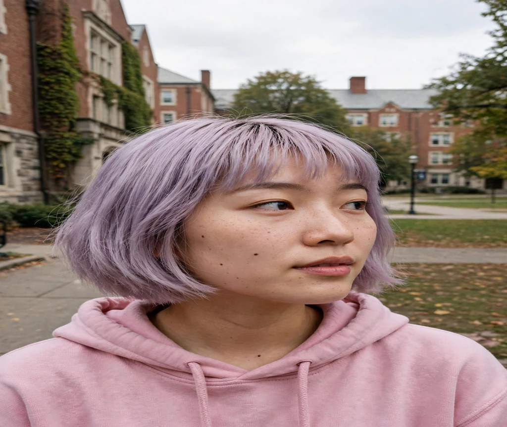 Woman with a pastel purple bob with bangs on a college campus