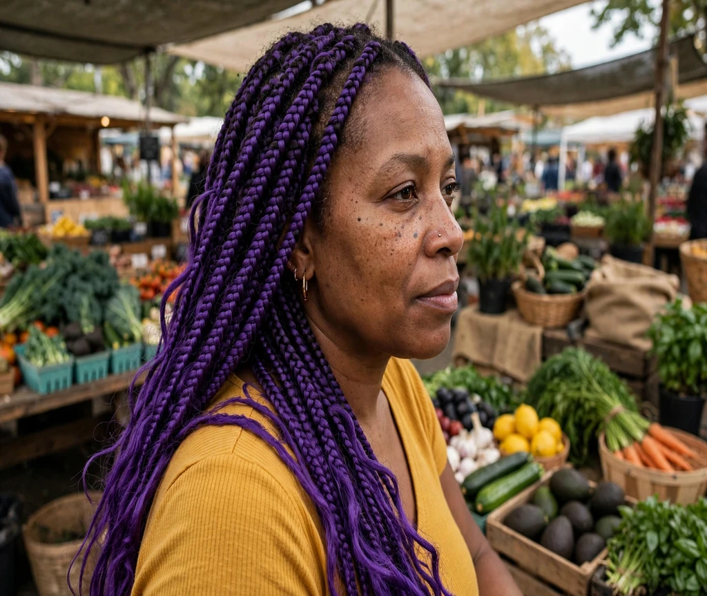 Woman with rich violet long braids at a farmers market