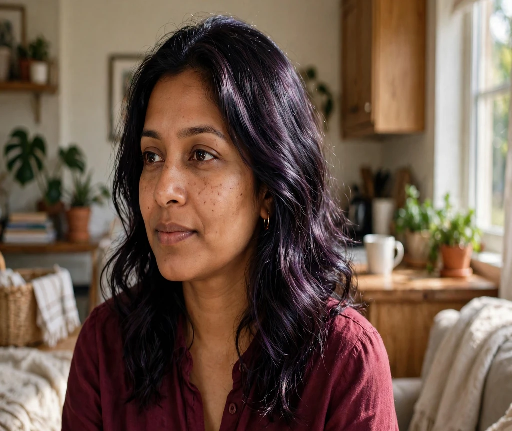 Woman with black hair and a subtle purple tint in a home interior