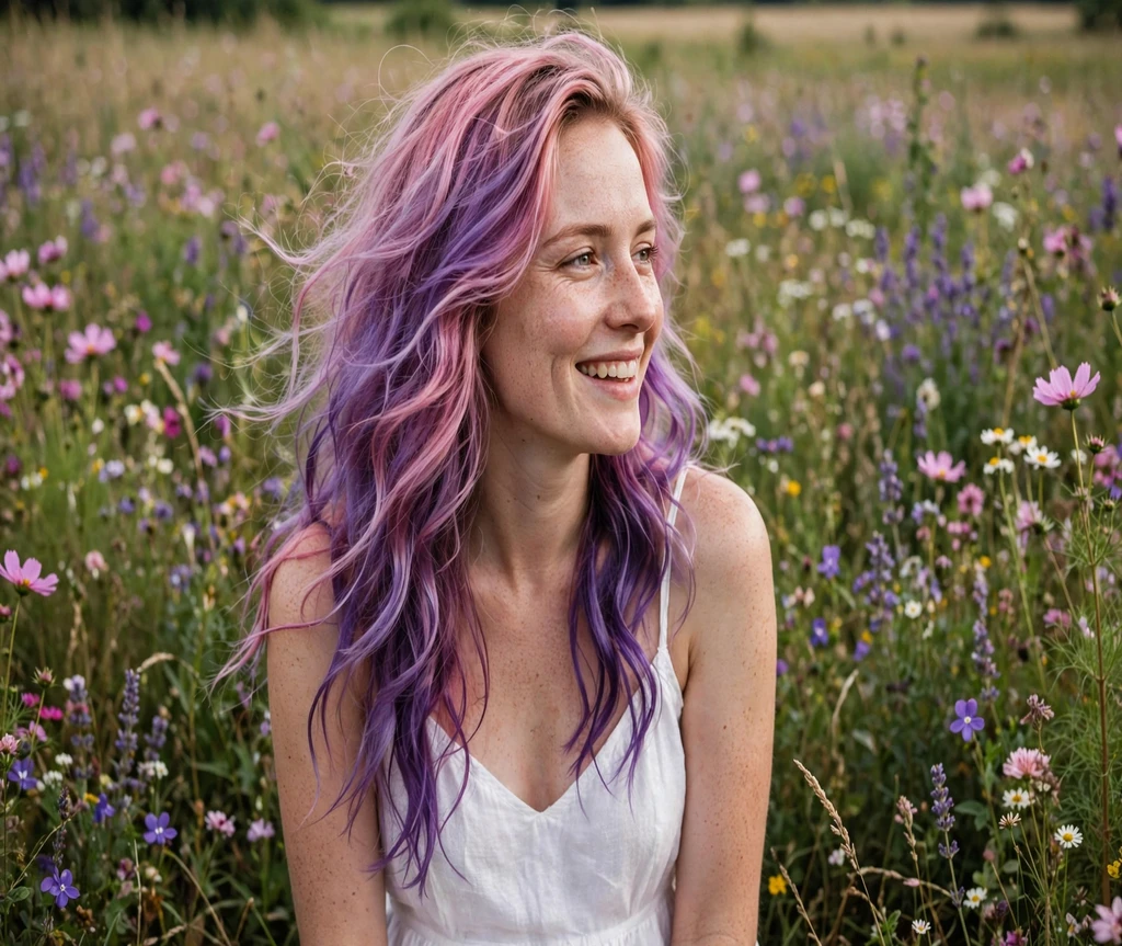 Woman with orchid pink purple blended long waves in a flower field