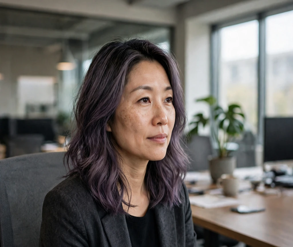 Woman with ash purple sombre medium hair in a modern office