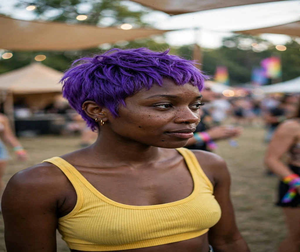 Woman with an electric purple pixie cut at a music festival