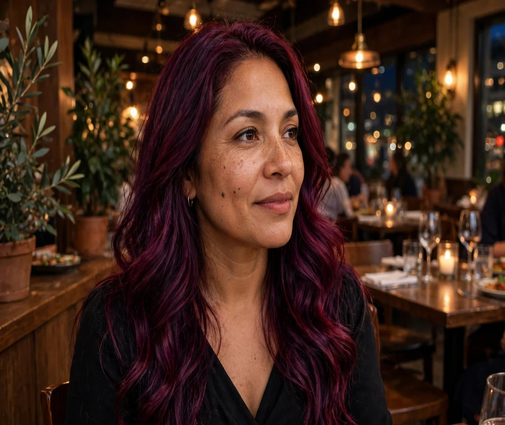 Woman with velvet plum long waves in an evening restaurant