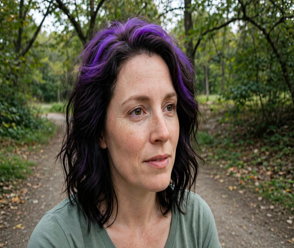 Woman with dark hair and purple halo highlights on a park trail