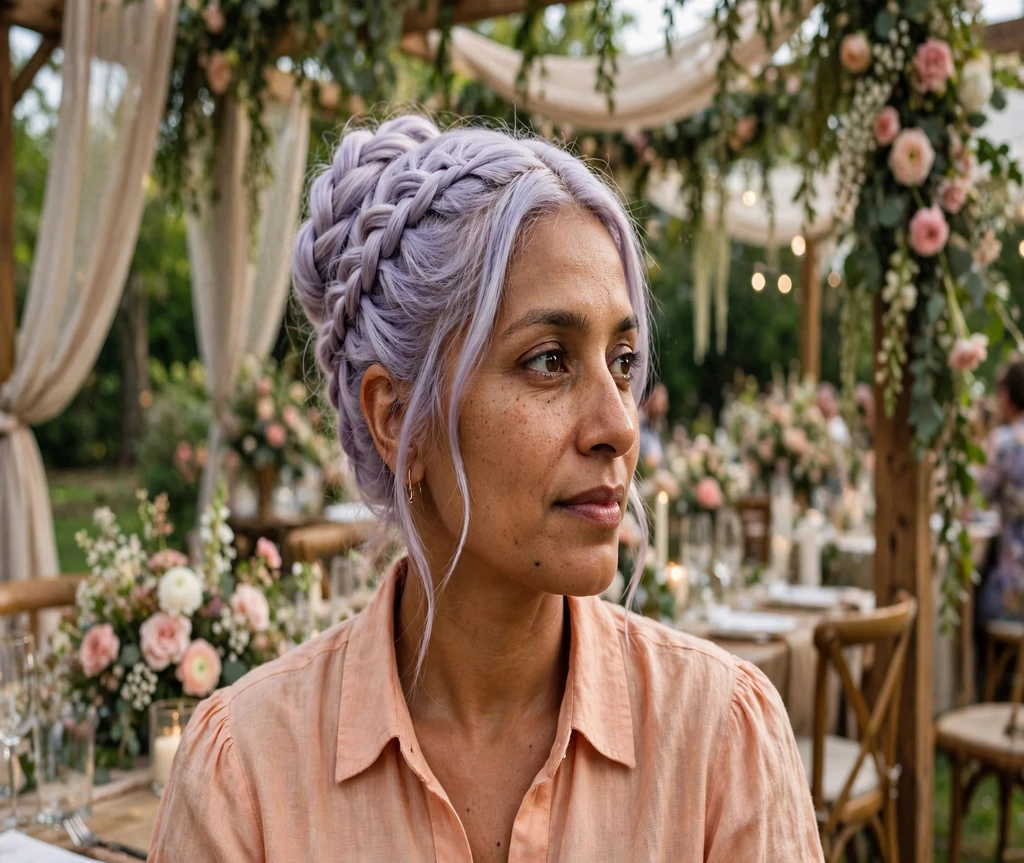 Woman with a lavender braided updo at a wedding venue
