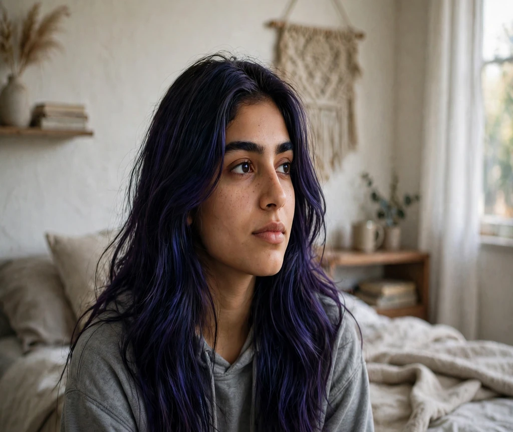 Woman with midnight purple long layers in a bedroom