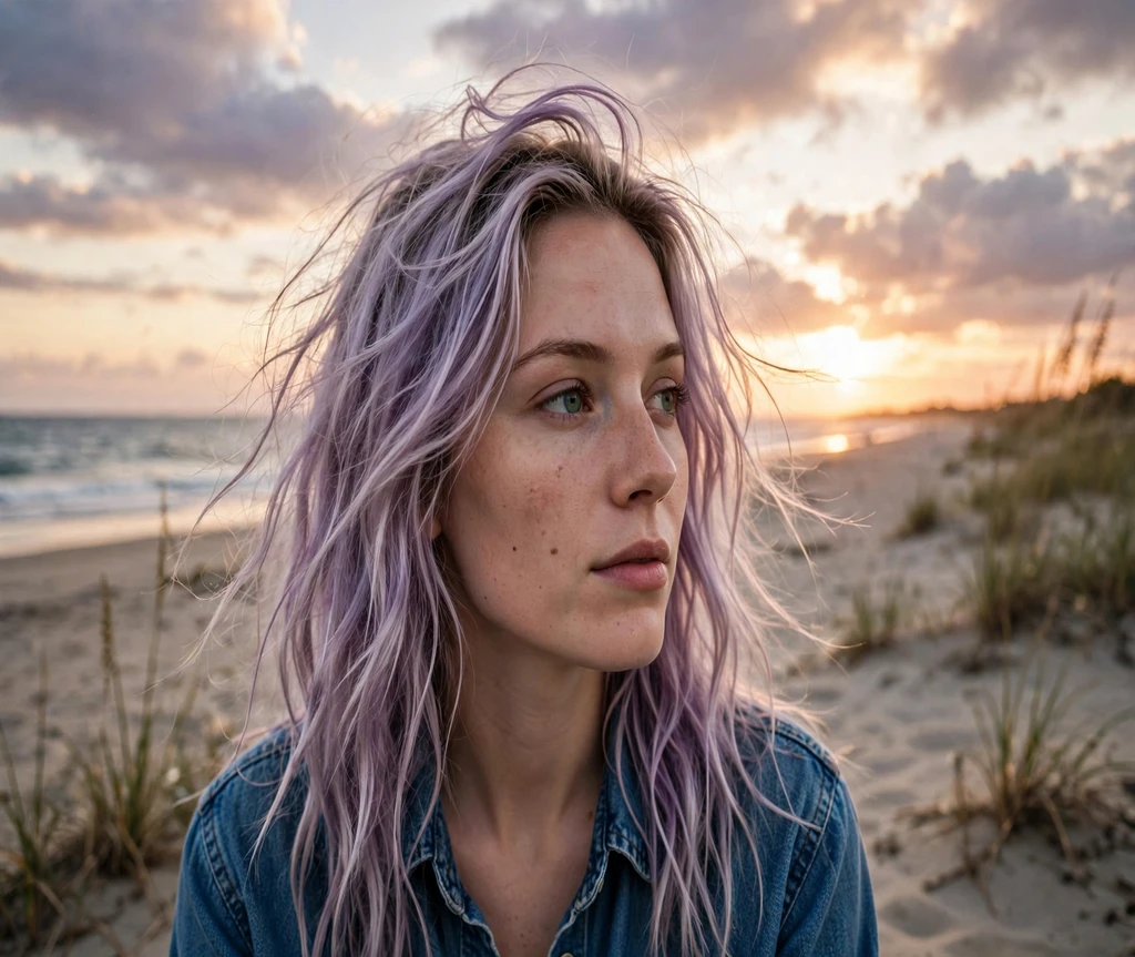 Woman with faded pastel purple long locks on a beach at sunset