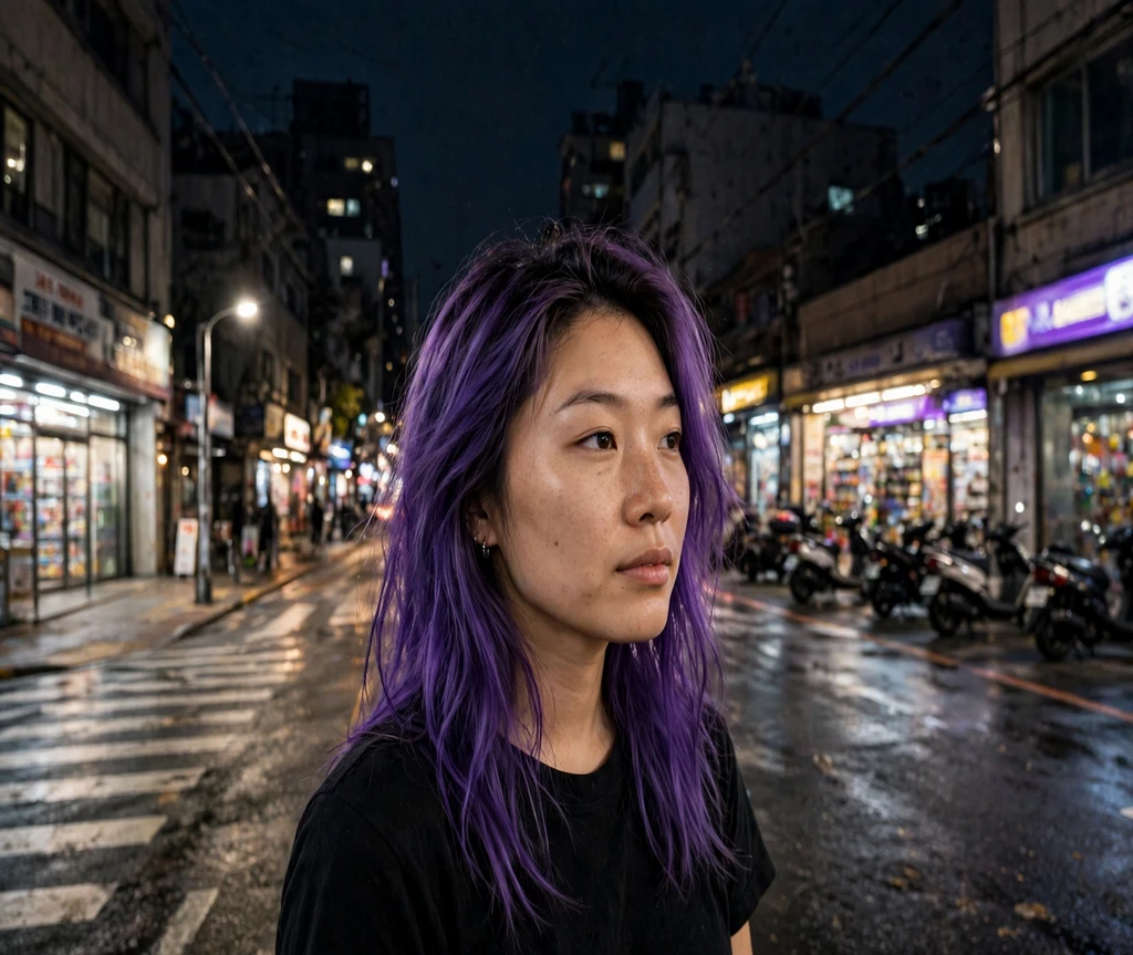 Woman with purple hair and dark shadow roots on a city street at night