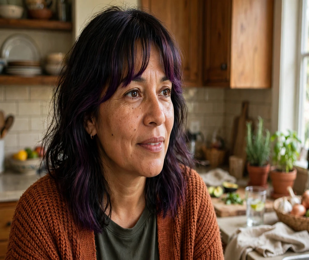 Woman with dark hair and plum tipped curtain bangs in a home kitchen