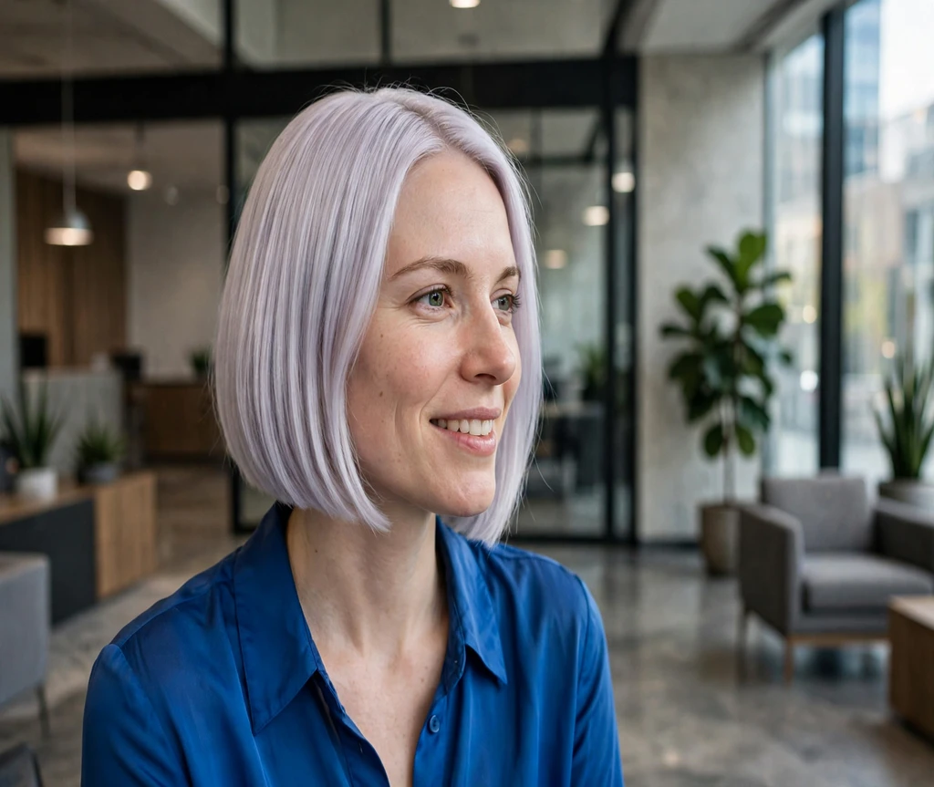 Woman with an icy lilac sleek bob in a modern office lobby