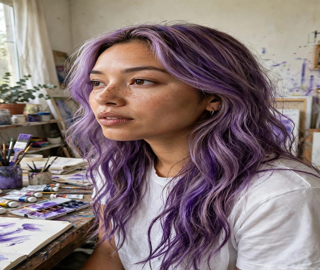 Woman with purple watercolor balayage long hair in an art studio