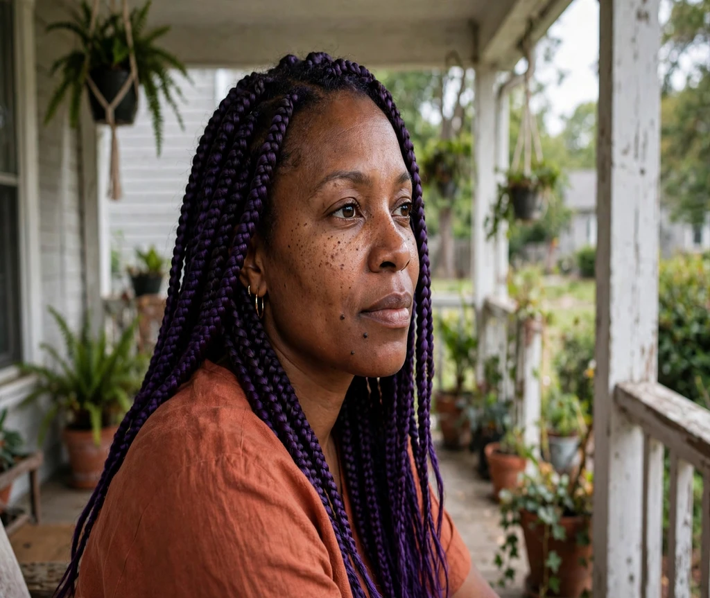 Woman with dark purple box braids on a porch