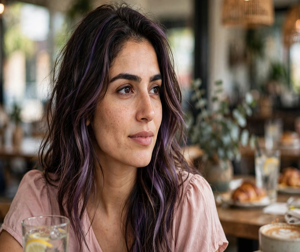 Woman with dark brown hair and soft purple balayage in a cafe
