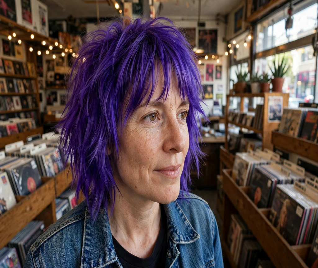 Woman with an ultraviolet shag cut in a record store