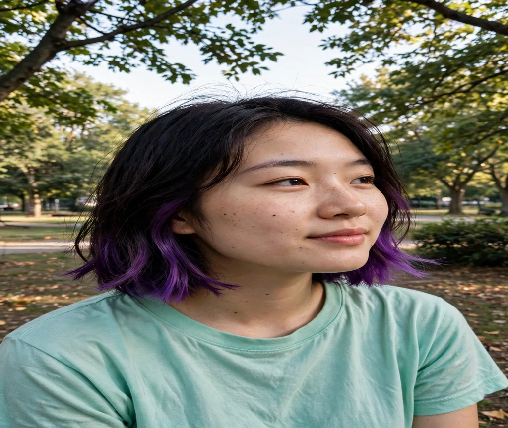 Woman with a dark bob and purple dip dye ends in a park