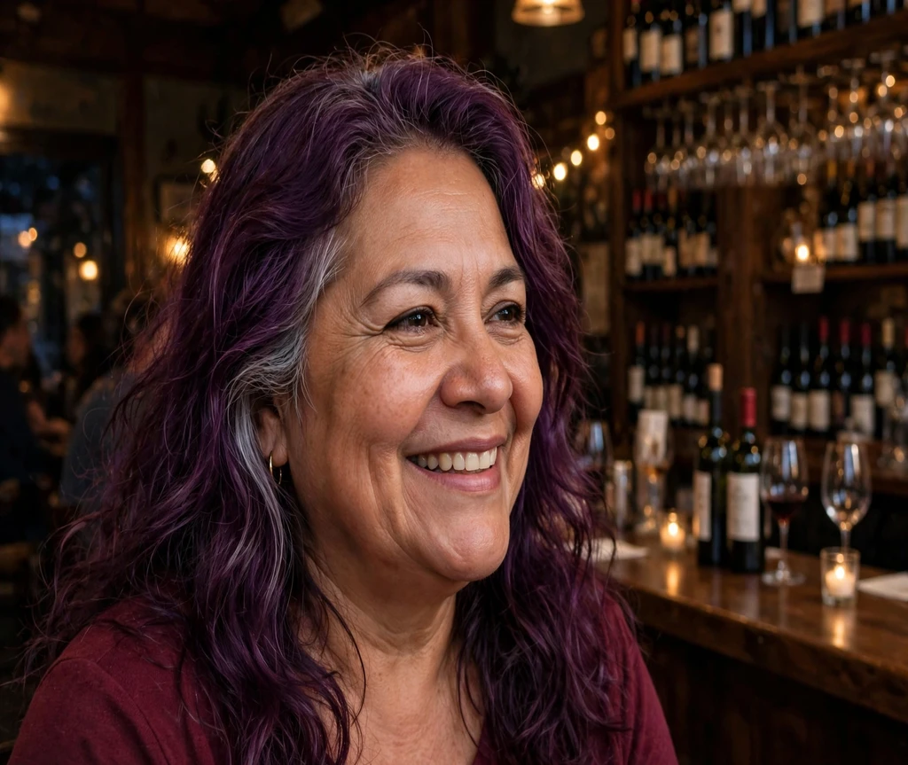 Woman with wine colored purple waves in a wine bar in the evening