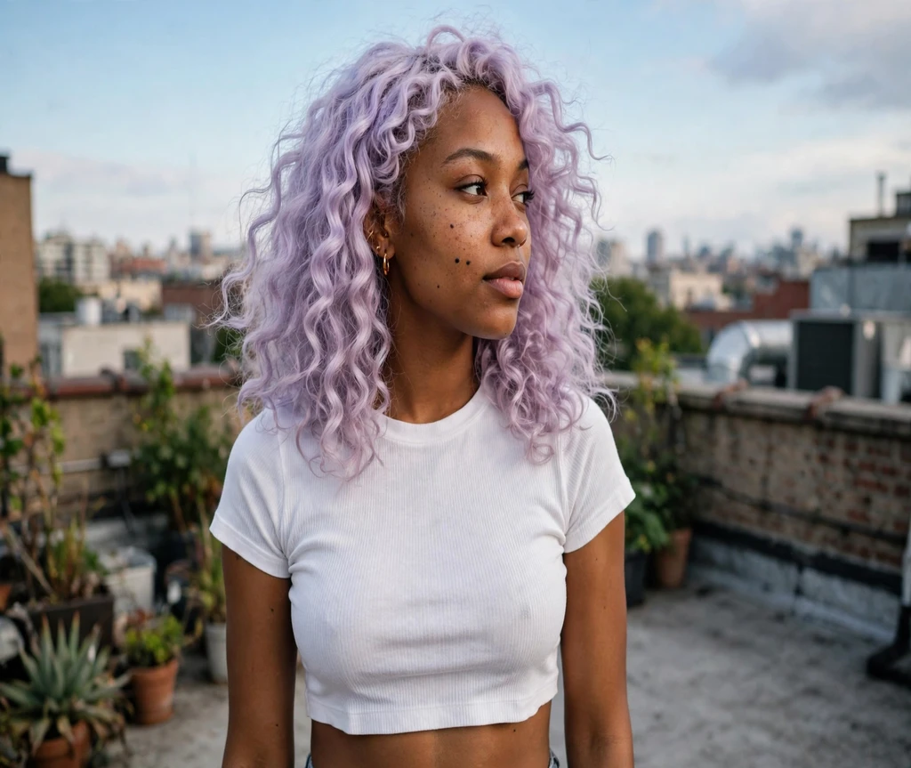 Woman with pastel lavender curly shoulder length hair on a rooftop