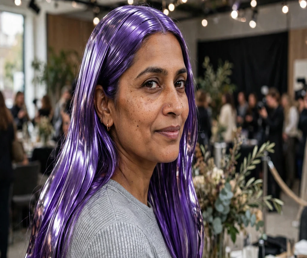 Woman with metallic violet shiny long straight hair at a fashion event