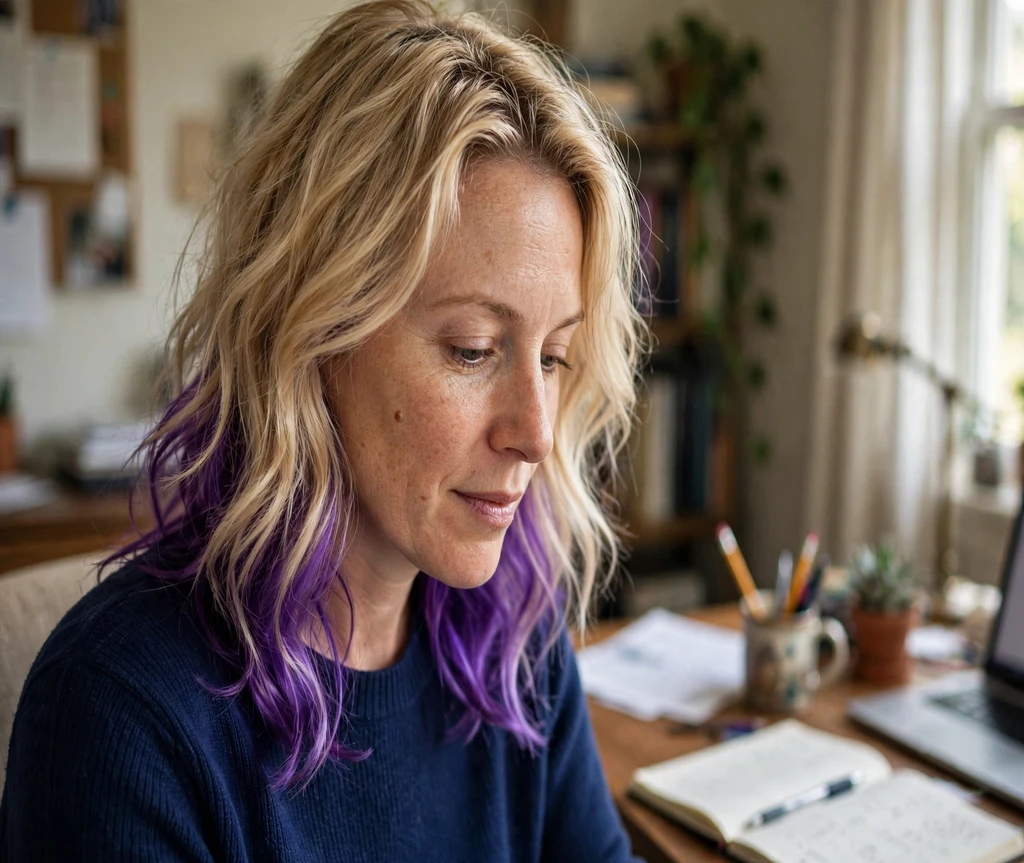 Woman with blonde hair and purple underlights in a home office