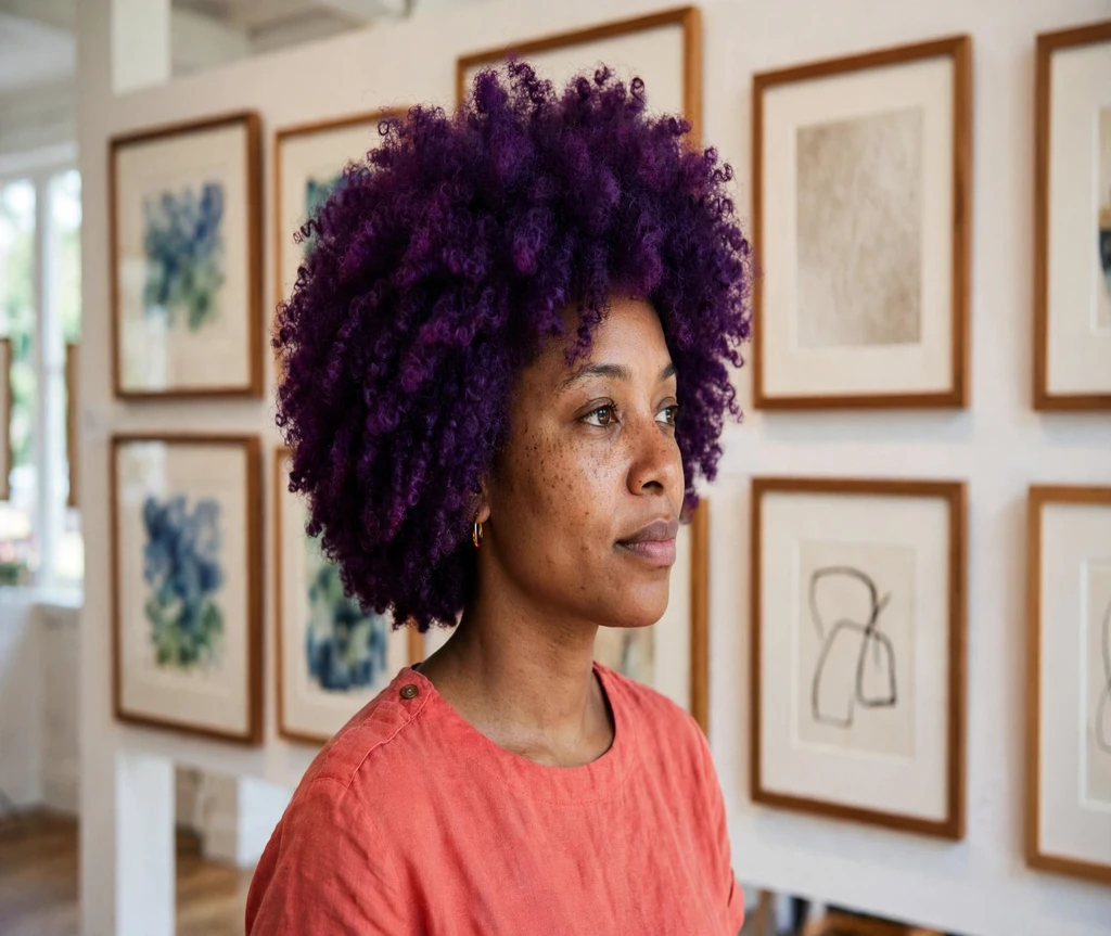 Woman with a deep violet rounded afro in front of a gallery wall